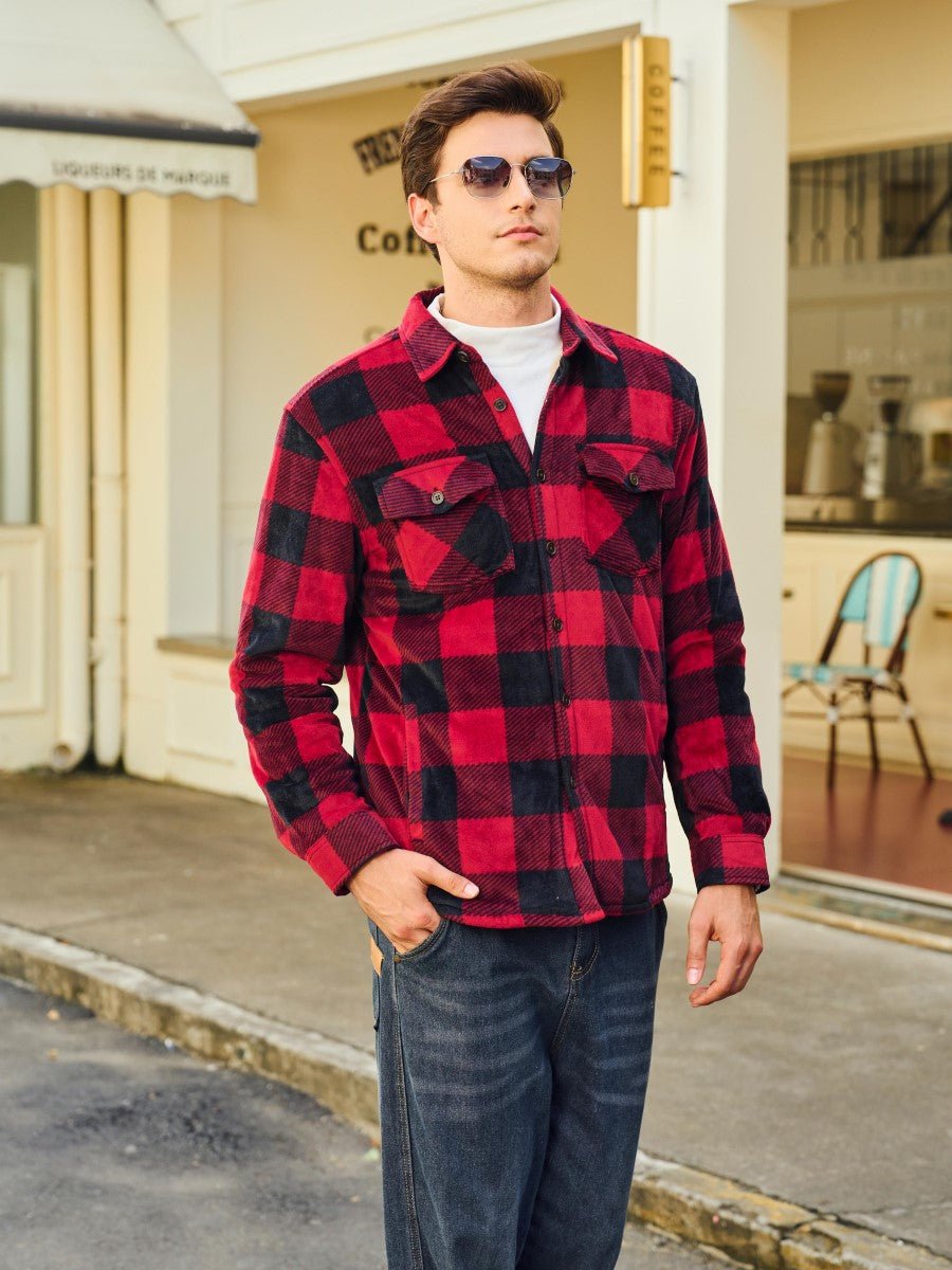 TACVASEN Black Red Men's Thick Button Down Flannel Jacket
