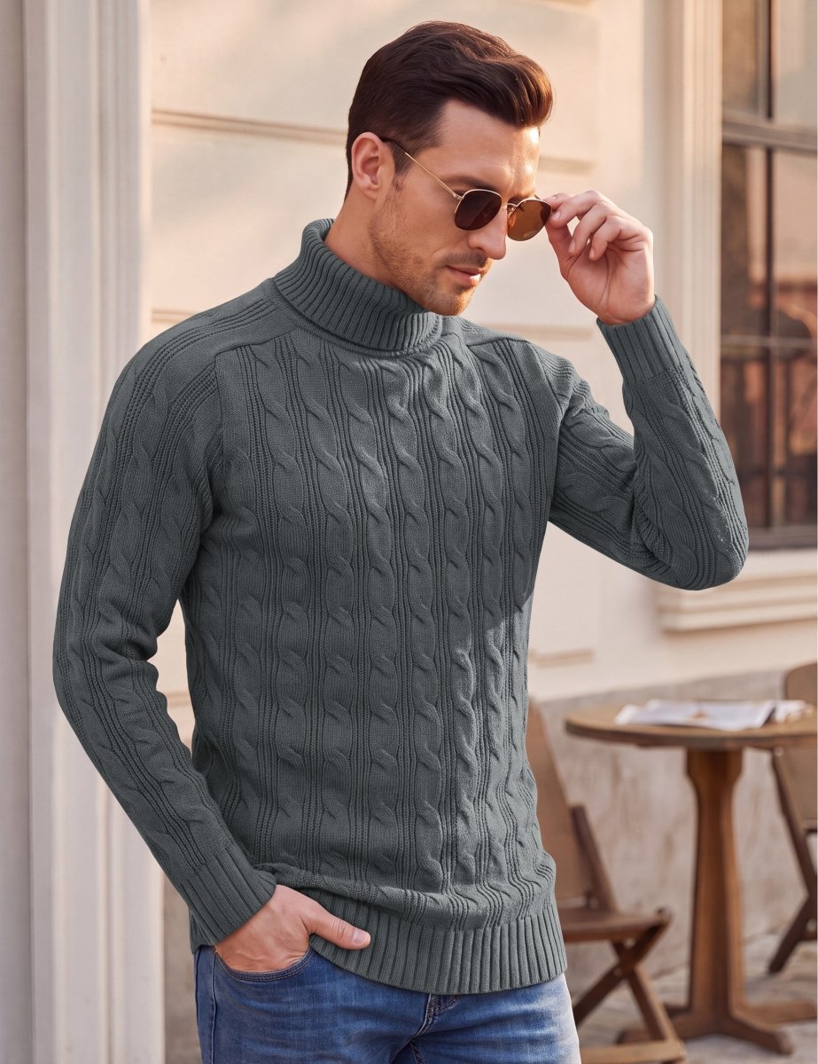 TACVASEN Dark Grey Men's Turtleneck Pullover Cable Sweater