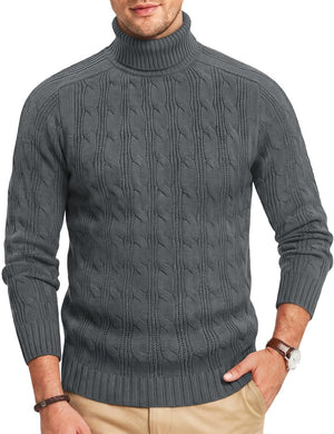 TACVASEN Dark Grey Men's Turtleneck Pullover Cable Sweater