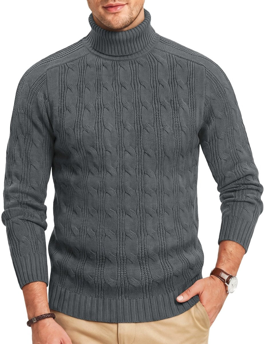 TACVASEN Dark Grey Men's Turtleneck Pullover Cable Sweater