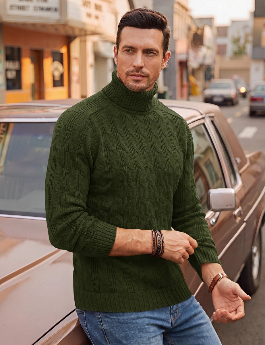 TACVASEN Army Green Men's Turtleneck Pullover Cable Sweater
