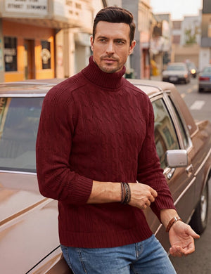 TACVASEN Red Men's Turtleneck Pullover Cable Sweater