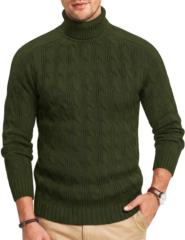 TACVASEN Army Green Men's Turtleneck Pullover Cable Sweater