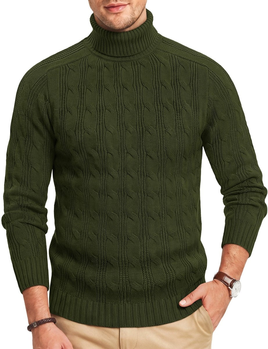 TACVASEN Army Green Men's Turtleneck Pullover Cable Sweater
