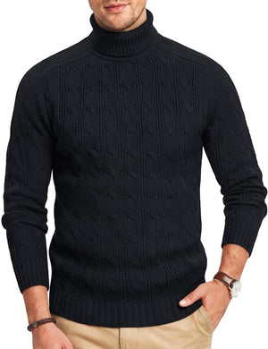 TACVASEN Black Men's Turtleneck Pullover Cable Sweater