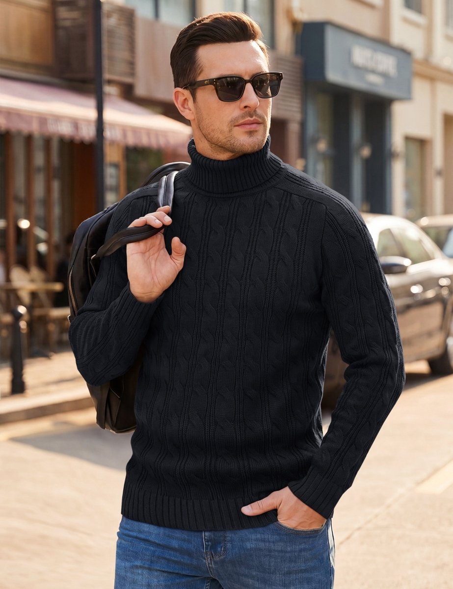 TACVASEN Black Men's Turtleneck Pullover Cable Sweater