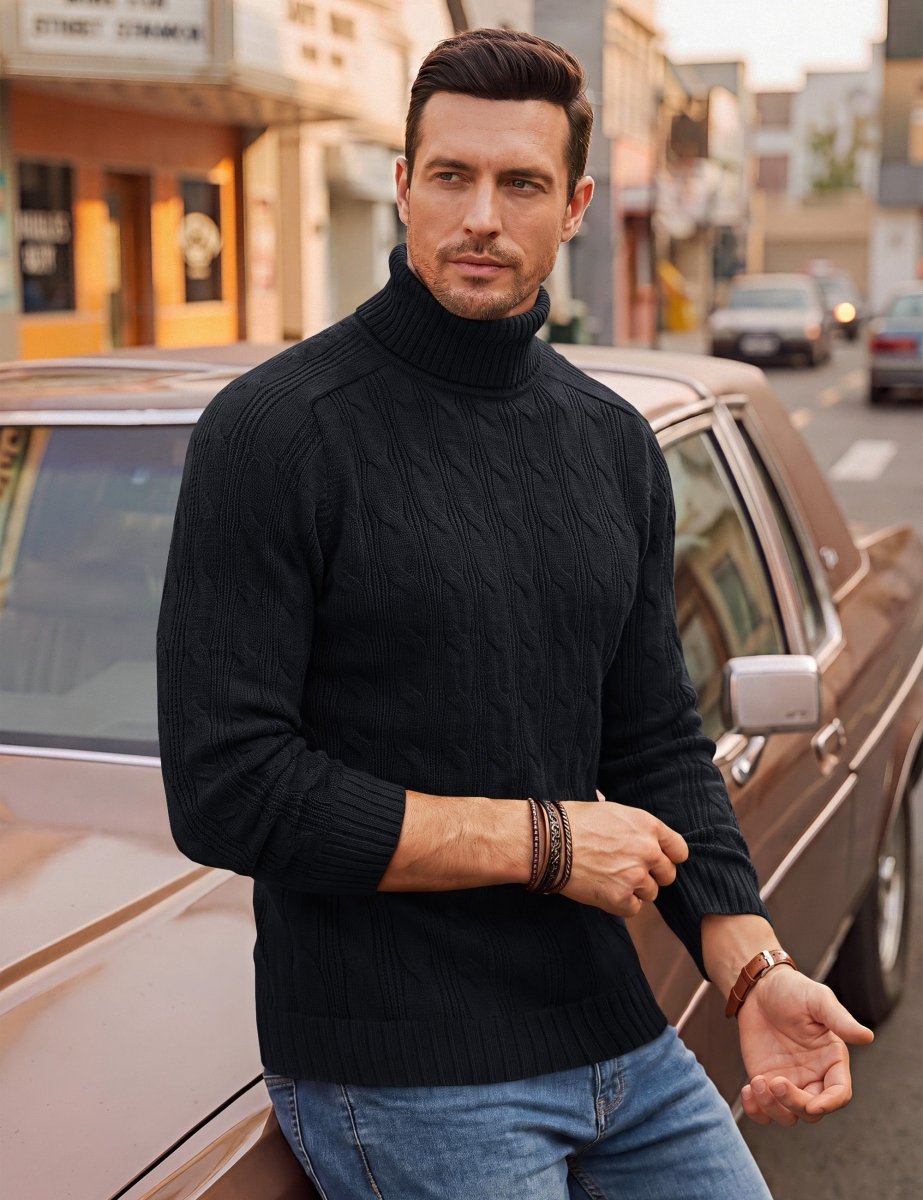 TACVASEN Black Men's Turtleneck Pullover Cable Sweater