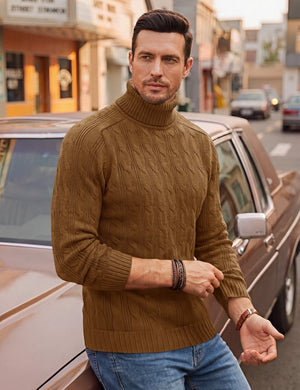 TACVASEN Dark Brown Men's Turtleneck Pullover Cable Sweater