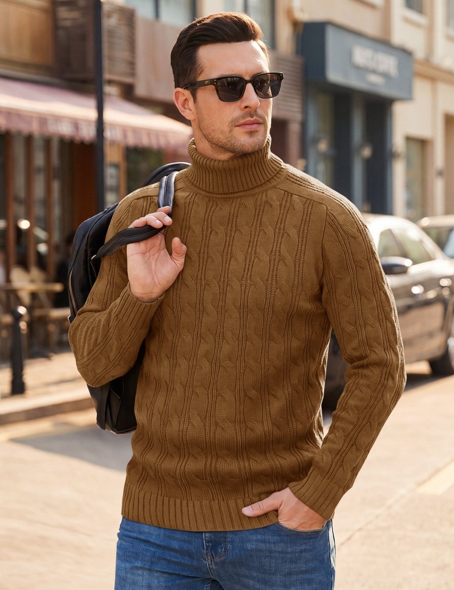 TACVASEN Dark Brown Men's Turtleneck Pullover Cable Sweater