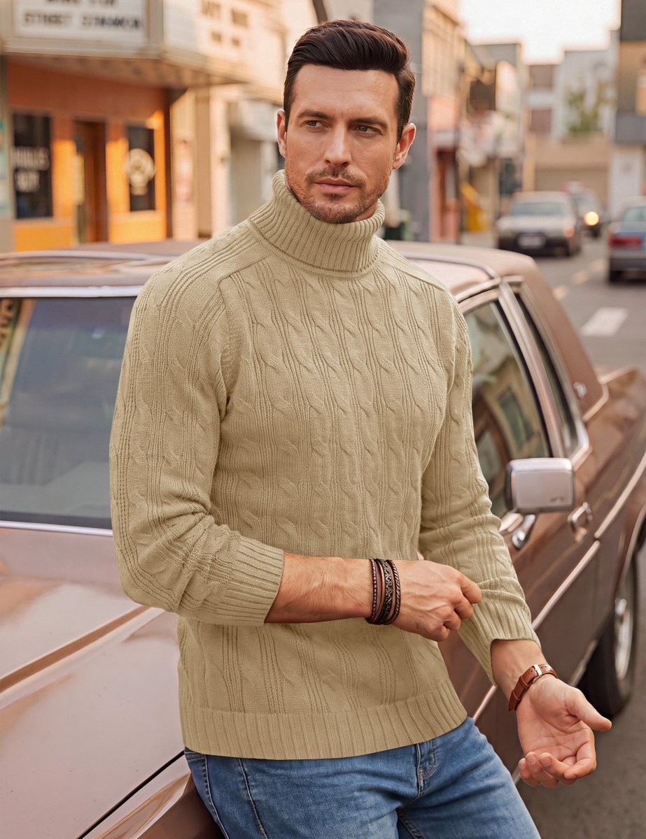 TACVASEN Khaki Men's Turtleneck Pullover Cable Sweater