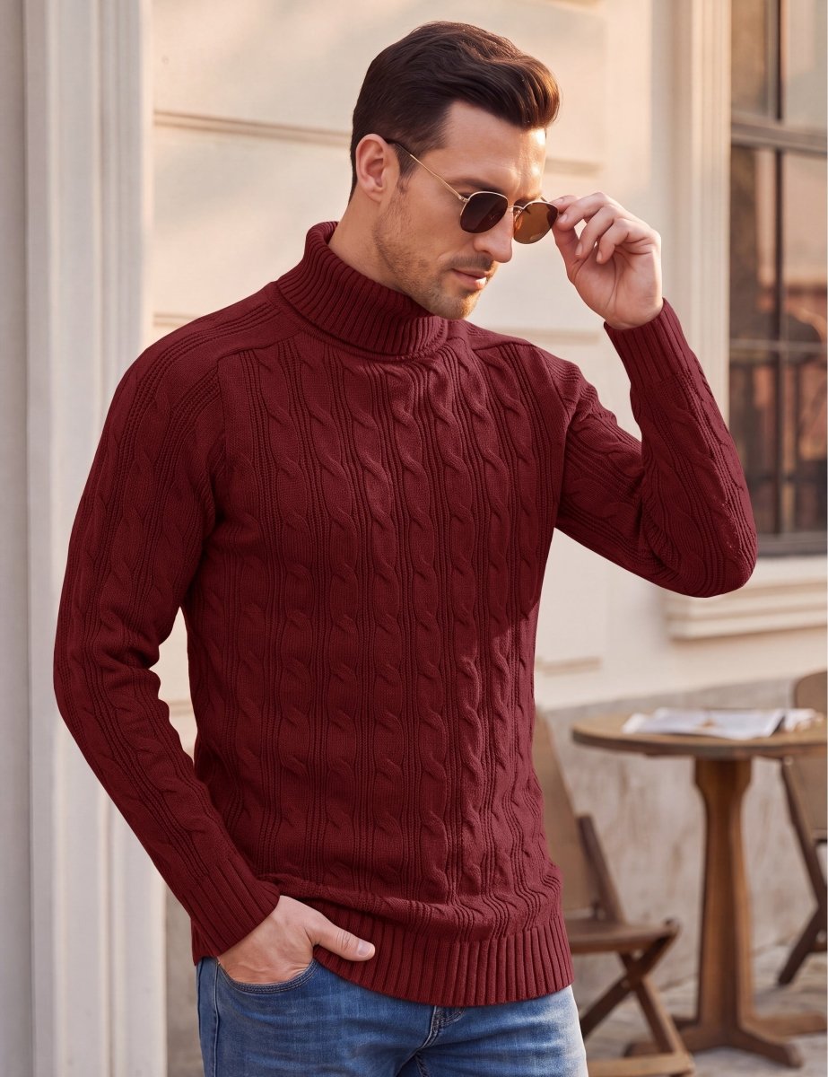TACVASEN Red Men's Turtleneck Pullover Cable Sweater