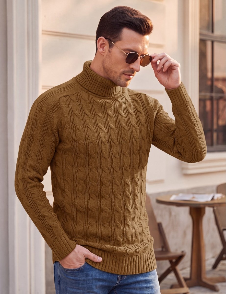 TACVASEN Dark Brown Men's Turtleneck Pullover Cable Sweater