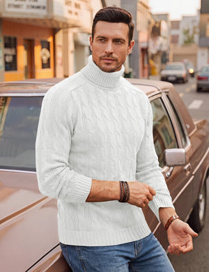 TACVASEN White Men's Turtleneck Pullover Cable Sweater