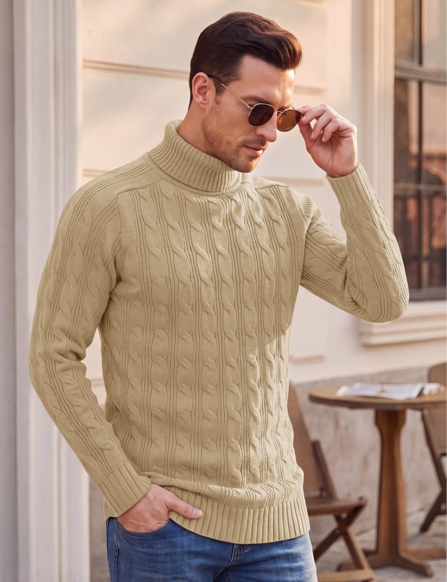 TACVASEN Khaki Men's Turtleneck Pullover Cable Sweater