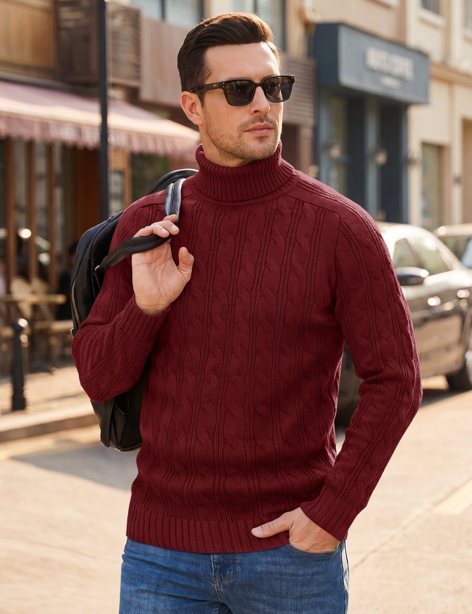 TACVASEN Red Men's Turtleneck Pullover Cable Sweater