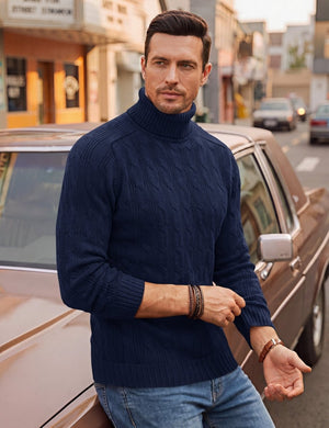 TACVASEN Navy Men's Turtleneck Pullover Cable Sweater