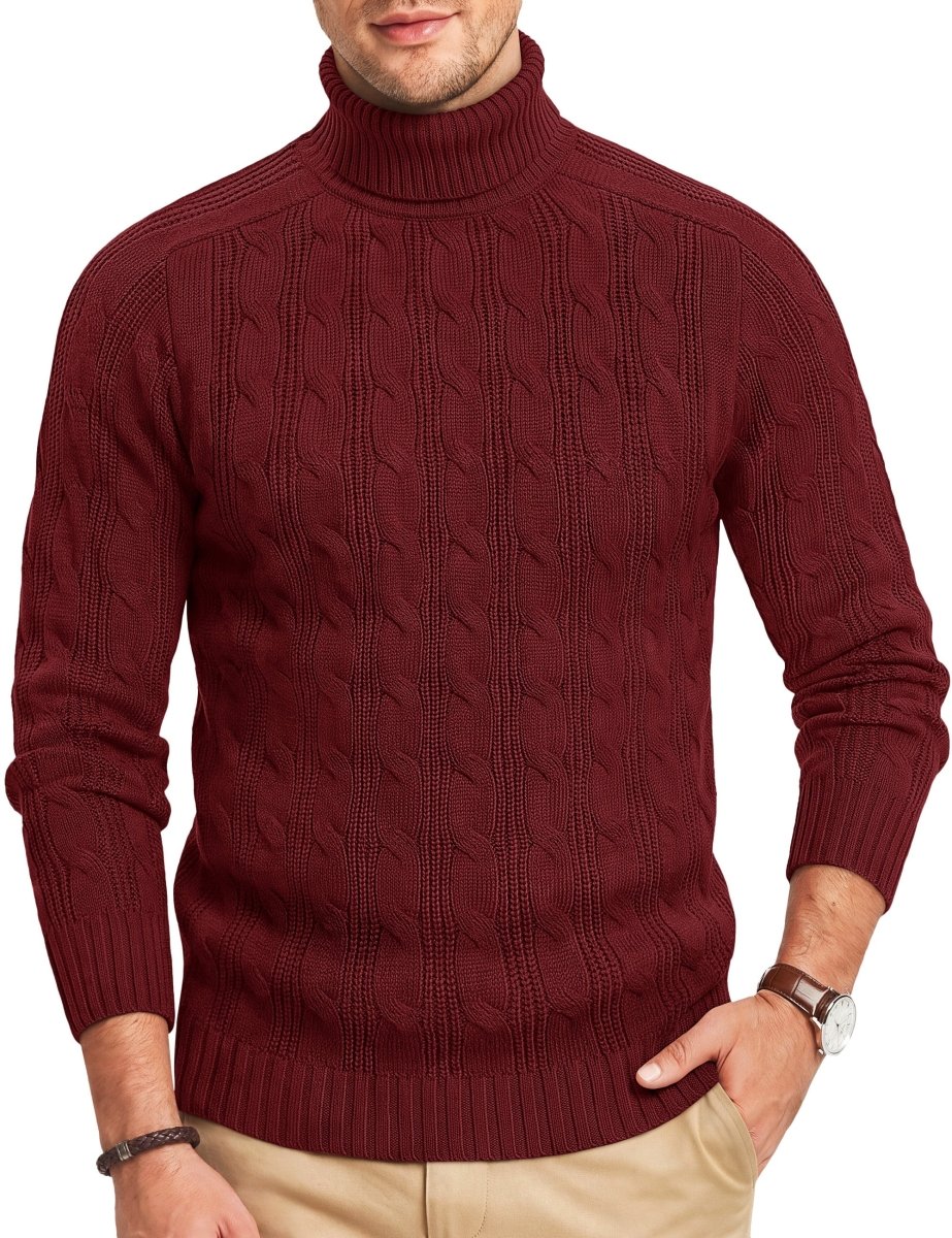 TACVASEN Red Men's Turtleneck Pullover Cable Sweater
