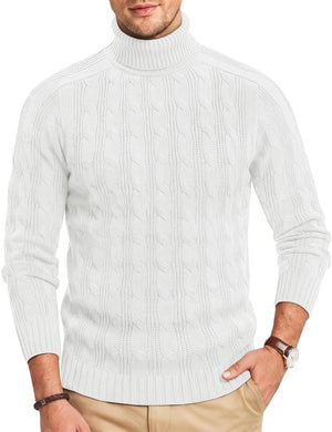 TACVASEN White Men's Turtleneck Pullover Cable Sweater