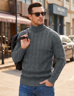 TACVASEN Dark Grey Men's Turtleneck Pullover Cable Sweater