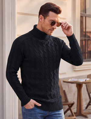 TACVASEN Black Men's Turtleneck Pullover Cable Sweater
