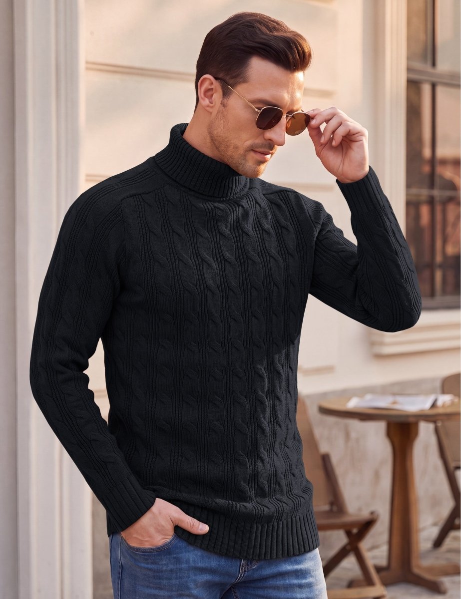 TACVASEN Black Men's Turtleneck Pullover Cable Sweater
