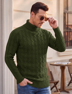 TACVASEN Army Green Men's Turtleneck Pullover Cable Sweater