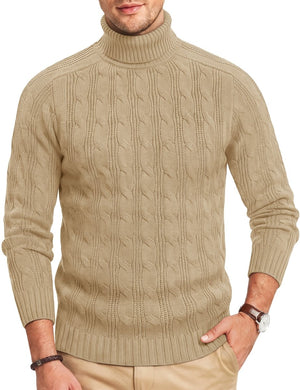 TACVASEN Khaki Men's Turtleneck Pullover Cable Sweater