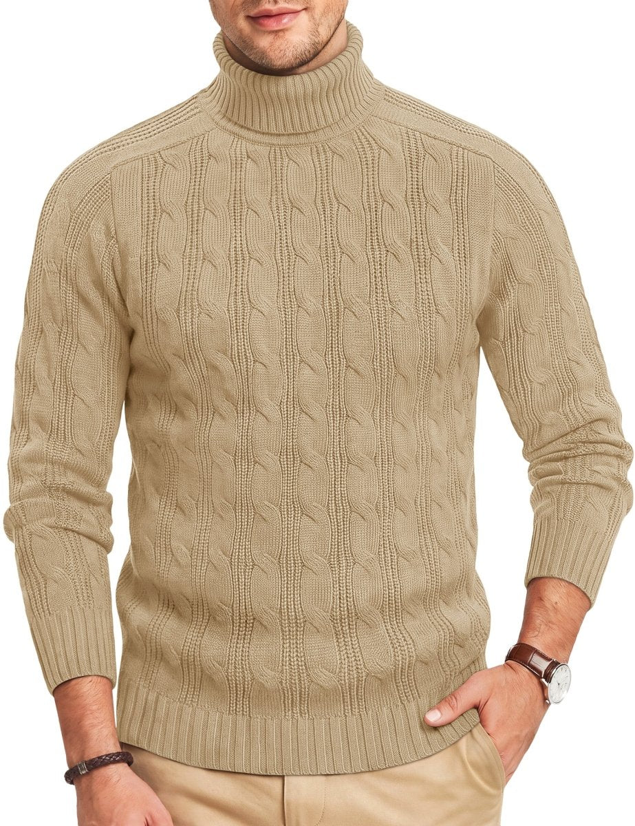 TACVASEN Khaki Men's Turtleneck Pullover Cable Sweater