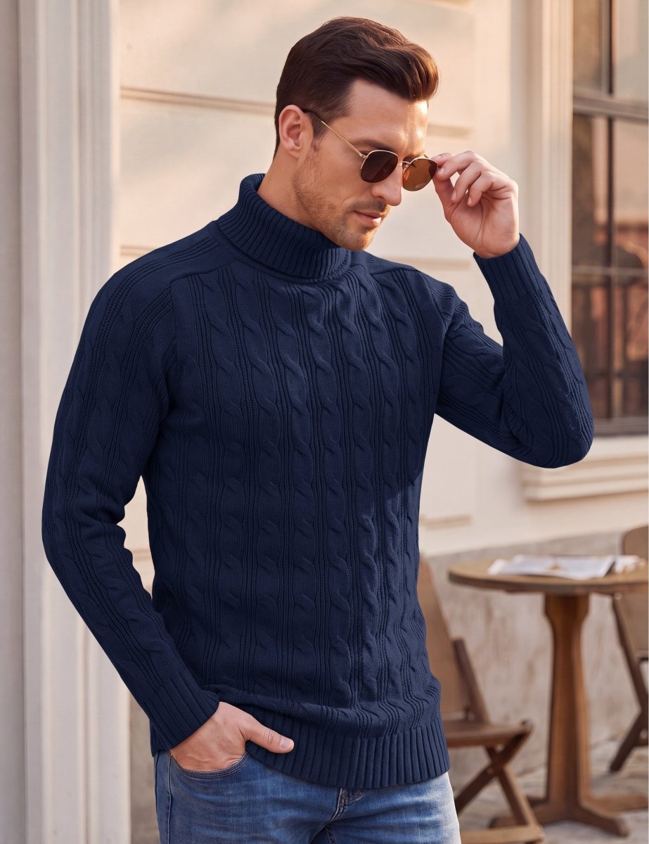 TACVASEN Navy Men's Turtleneck Pullover Cable Sweater