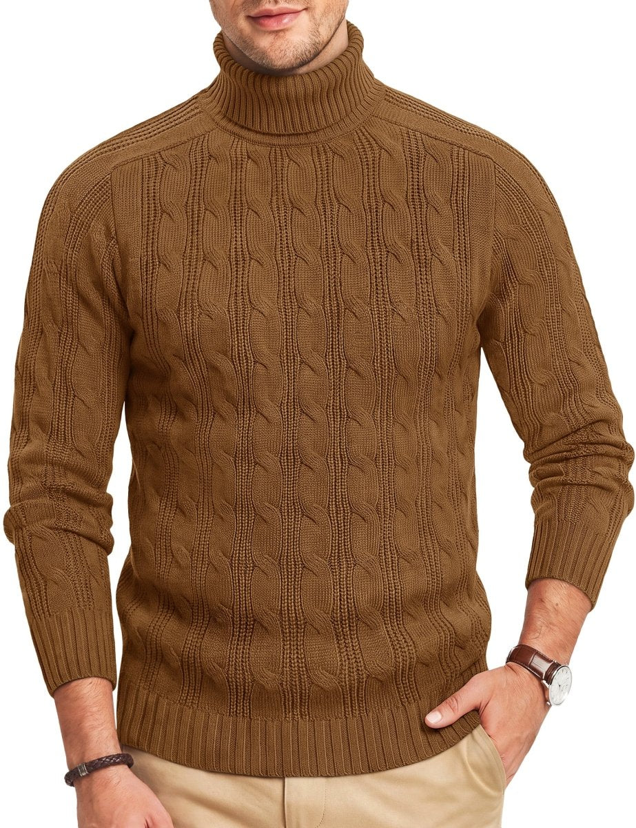 TACVASEN Dark Brown Men's Turtleneck Pullover Cable Sweater