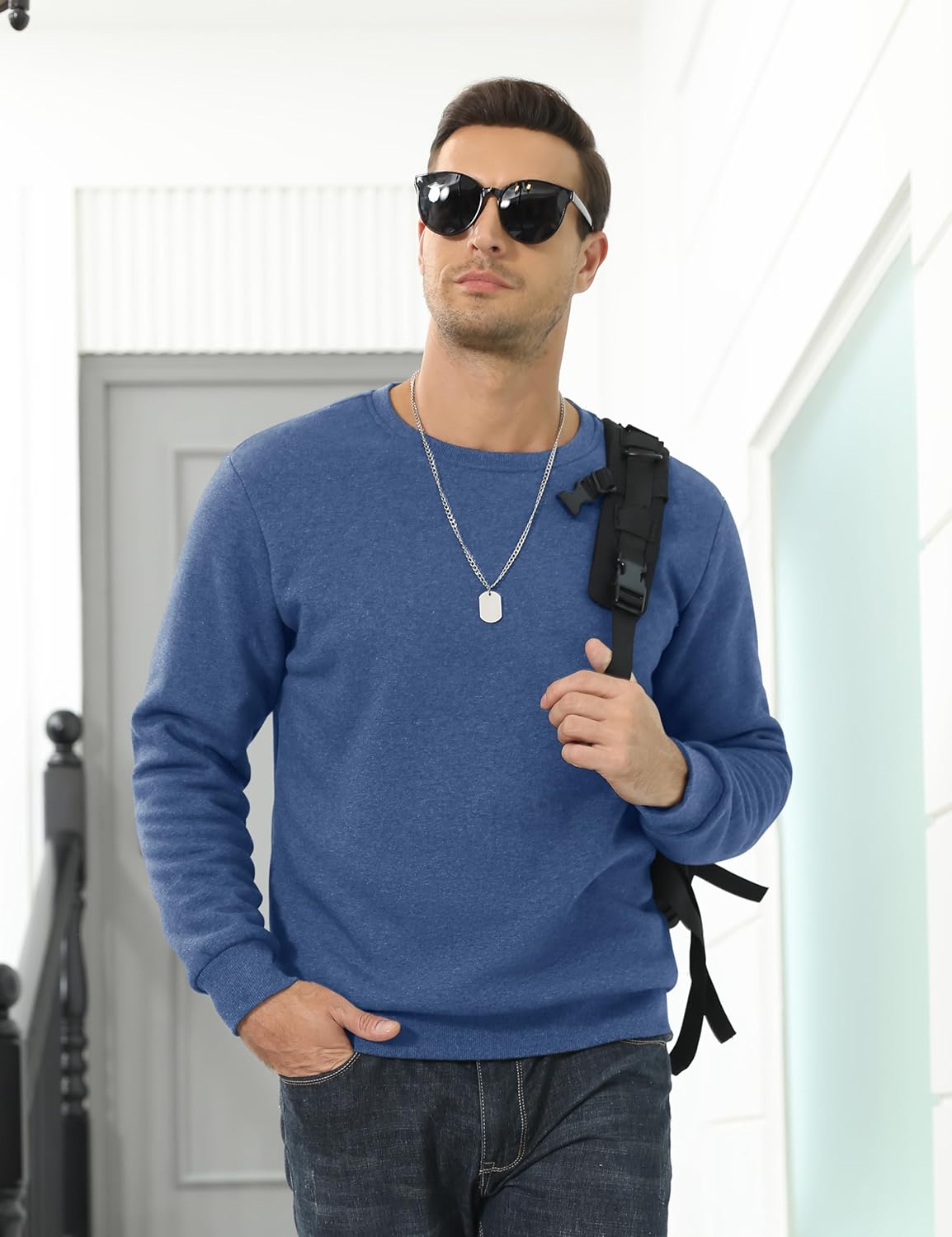 TACVASEN Grey Blue Men's Sherpa Lined Sweatshirt Warm Heavyweight Fleece Pullover