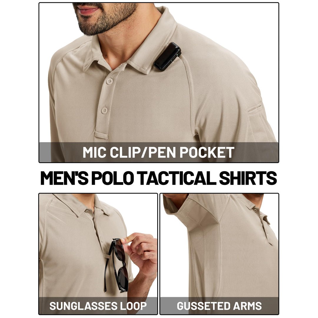 TACVASEN Khaki UPF 50+ Performance Tactical Polo Shirt