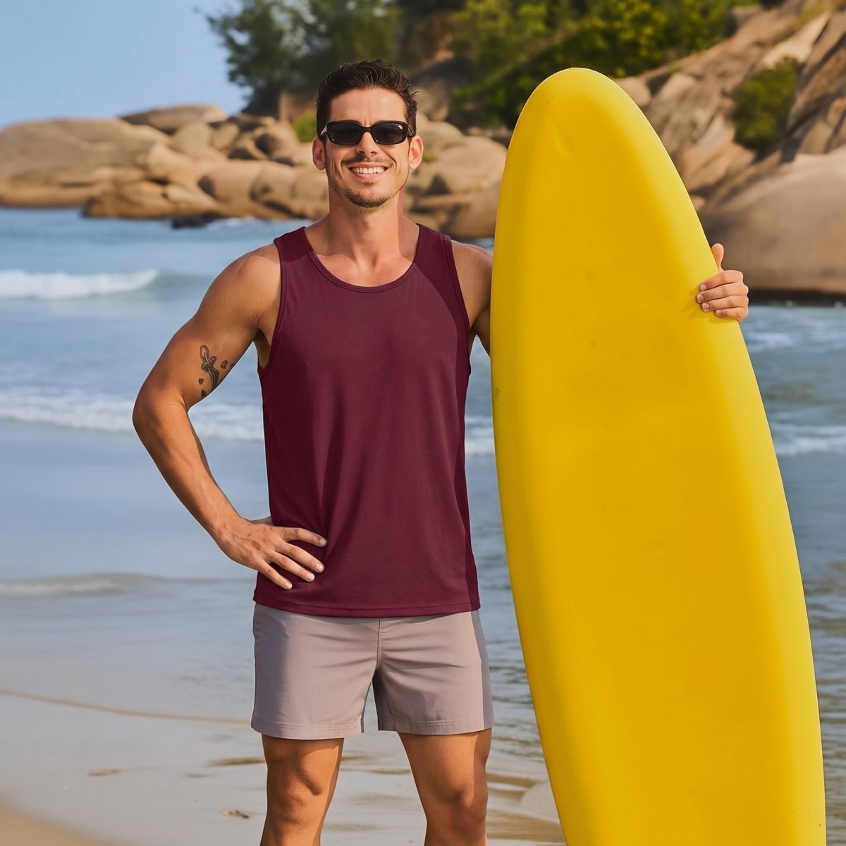 TACVASEN Wine Red Men's UPF 50+ Quick Dry Workout & Gym Tank Top