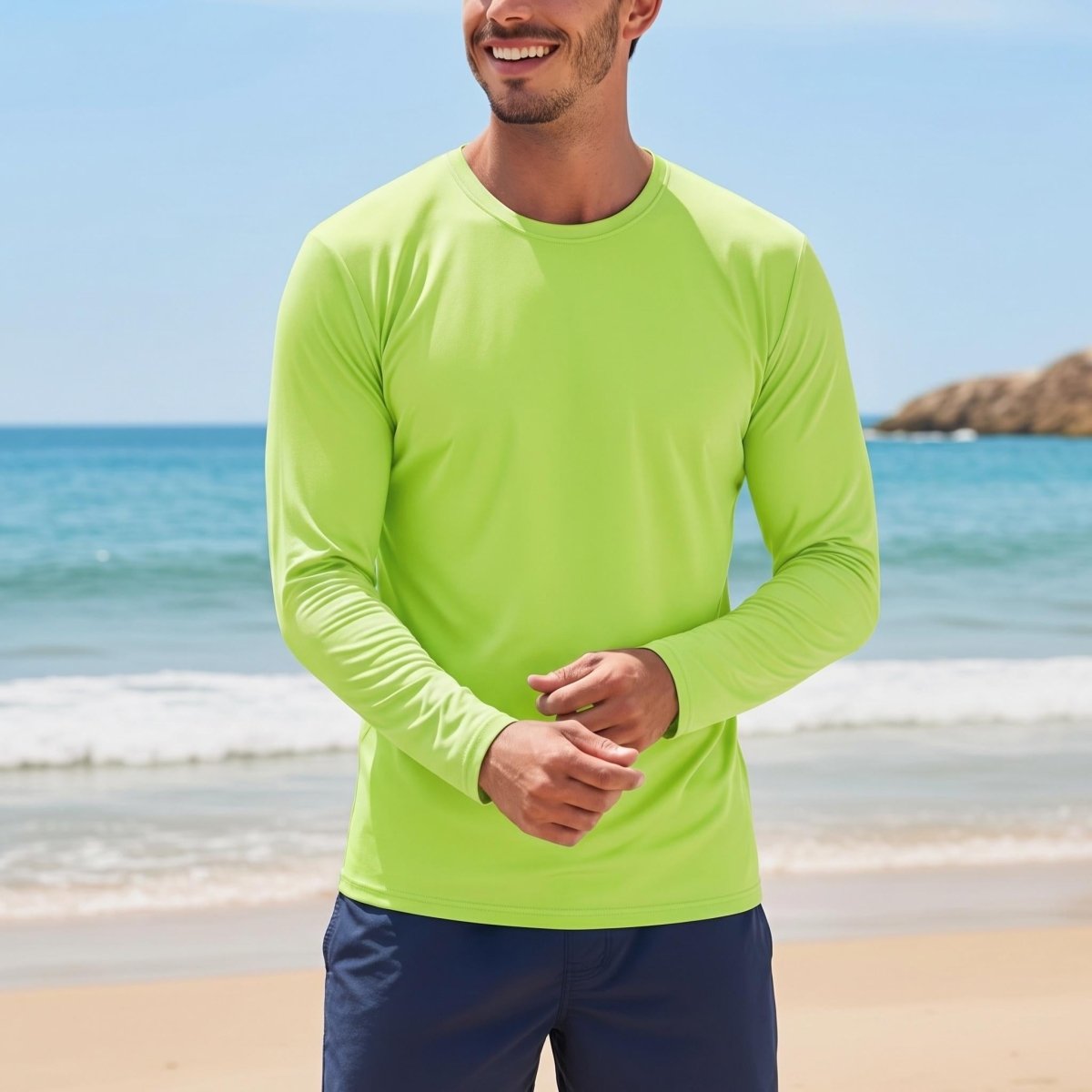 TACVASEN Fluorescent Green Men's UPF 80+ Sun Shirt Quick Dry Long Sleeve Rashguard