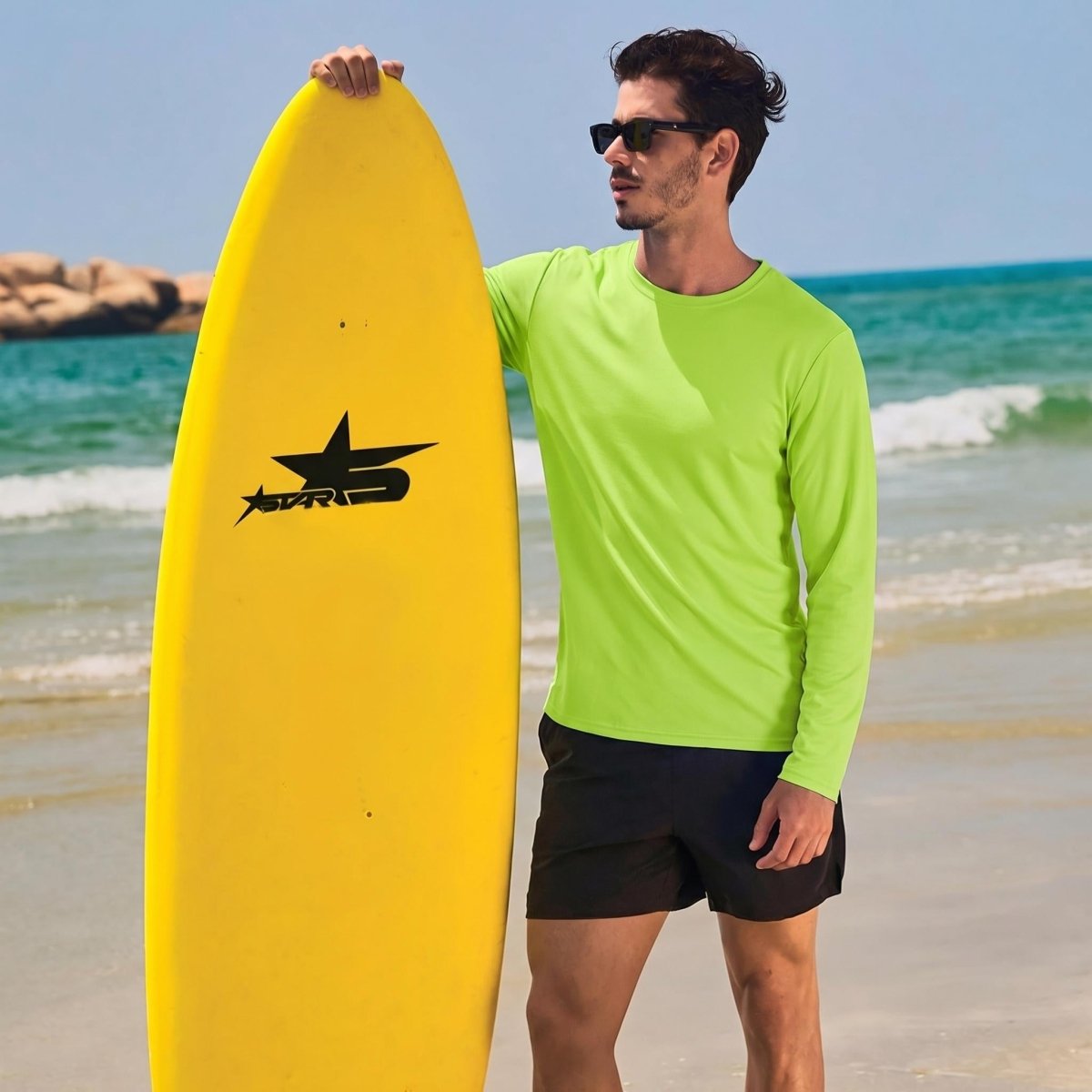 TACVASEN Fluorescent Green Men's UPF 80+ Sun Shirt Quick Dry Long Sleeve Rashguard