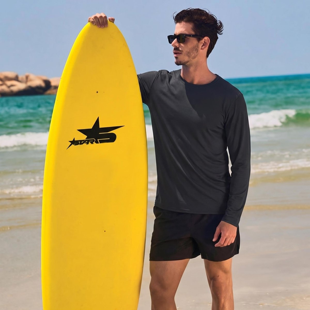 TACVASEN Black Men's UPF 80+ Sun Shirt Quick Dry Long Sleeve Rashguard