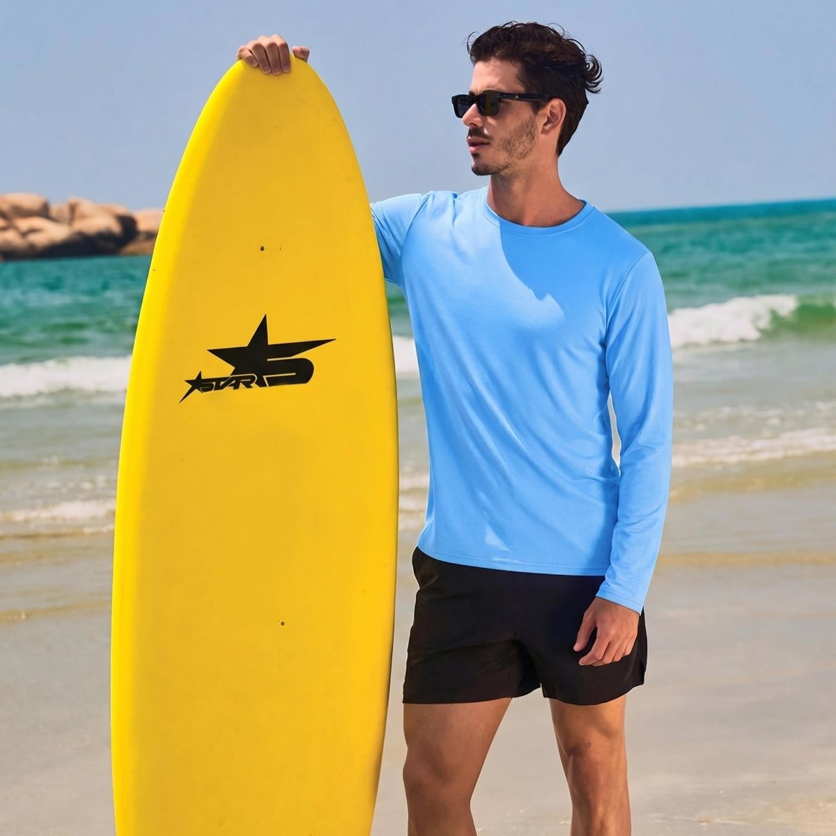 TACVASEN Waterfall Blue Men's UPF 80+ Sun Shirt Quick Dry Long Sleeve Rashguard