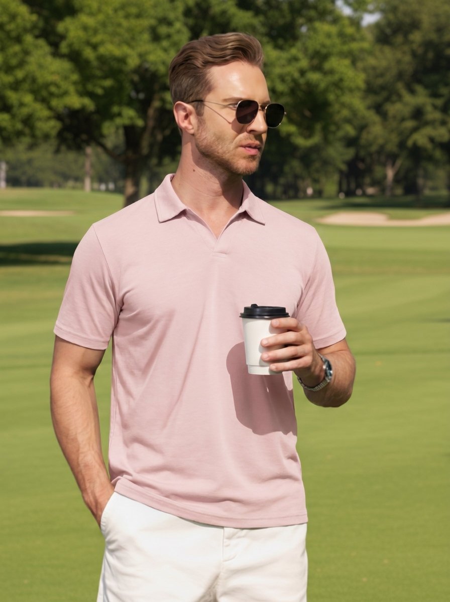 TACVASEN Lightpink Men's V Neck Short Sleeve Knitted Golf T Shirts