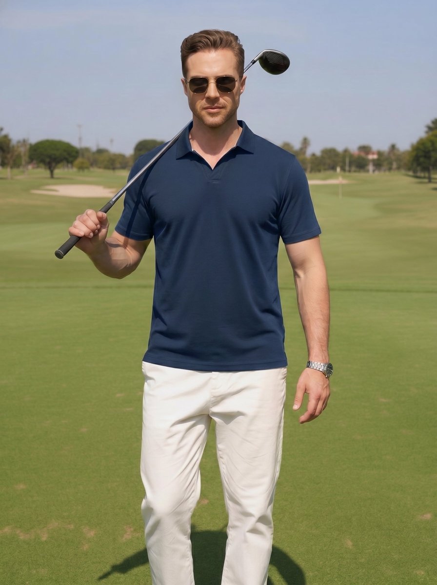 TACVASEN Navyblue Men's V Neck Short Sleeve Knitted Golf T Shirts