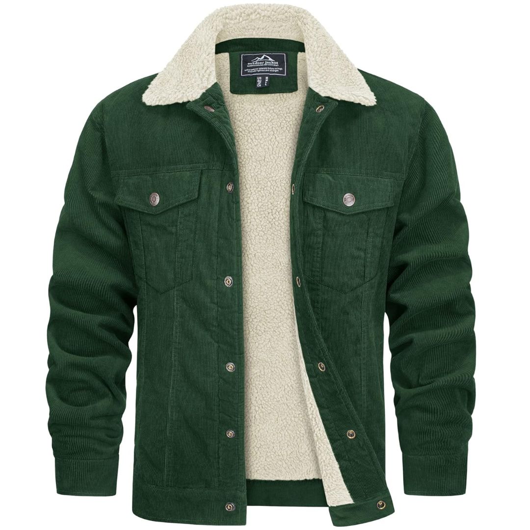 TACVASEN Forest Green Men's Corduroy Jacket Sherpa Lined Warm Winter Coat Cargo Jacket