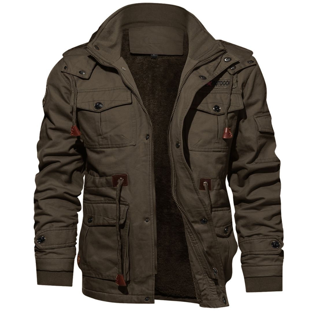 TACVASEN Coffee Men??s Fleece Lined Cargo Jacket Warm Coat with Hood