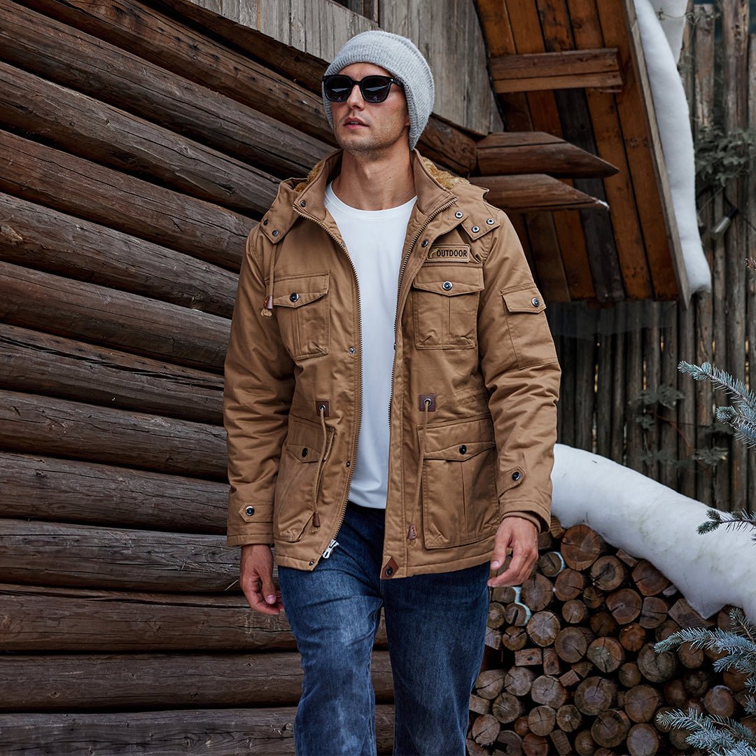 TACVASEN Khaki Men??s Fleece Lined Cargo Jacket Warm Coat with Hood