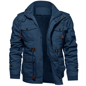 TACVASEN Denim Blue Men??s Fleece Lined Cargo Jacket Warm Coat with Hood