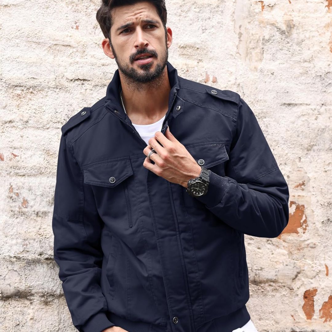 TACVASEN Navy Men's Fleece Lined Cotton Casual Cargo Bomber Jacket