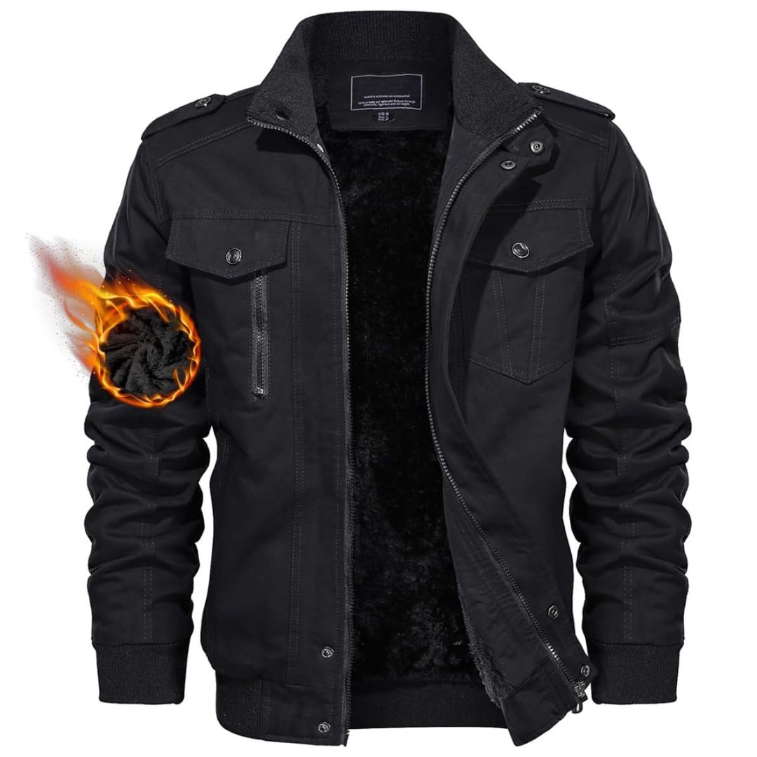 TACVASEN Black Men's Fleece Lined Cotton Casual Cargo Bomber Jacket