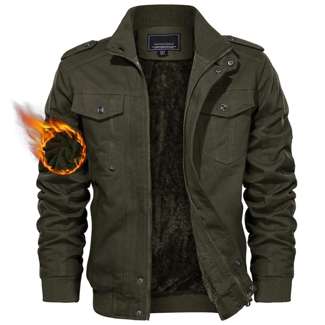 TACVASEN Army Green Men's Fleece Lined Cotton Casual Cargo Bomber Jacket
