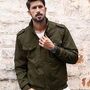 TACVASEN Army Green Men's Fleece Lined Cotton Casual Cargo Bomber Jacket
