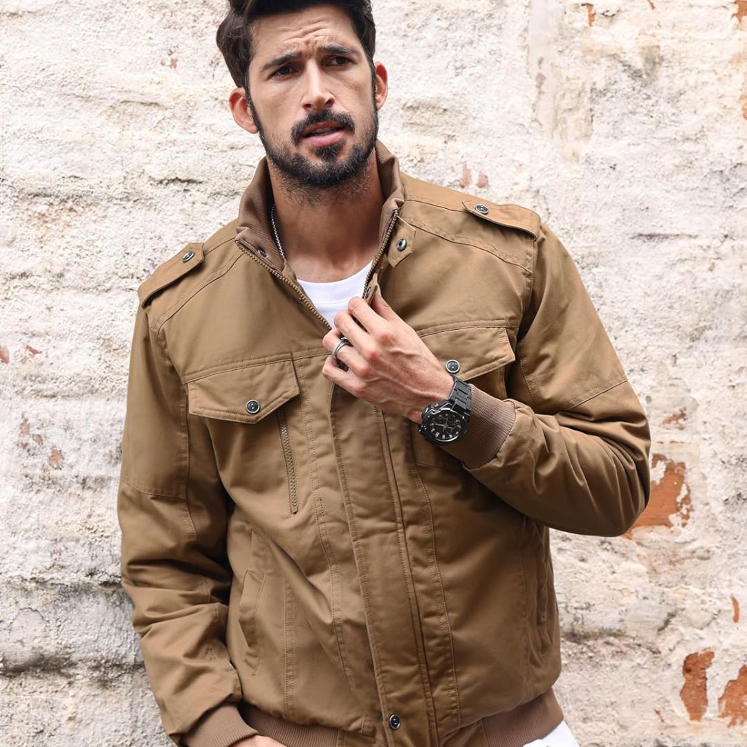 TACVASEN Khaki Men's Fleece Lined Cotton Casual Cargo Bomber Jacket