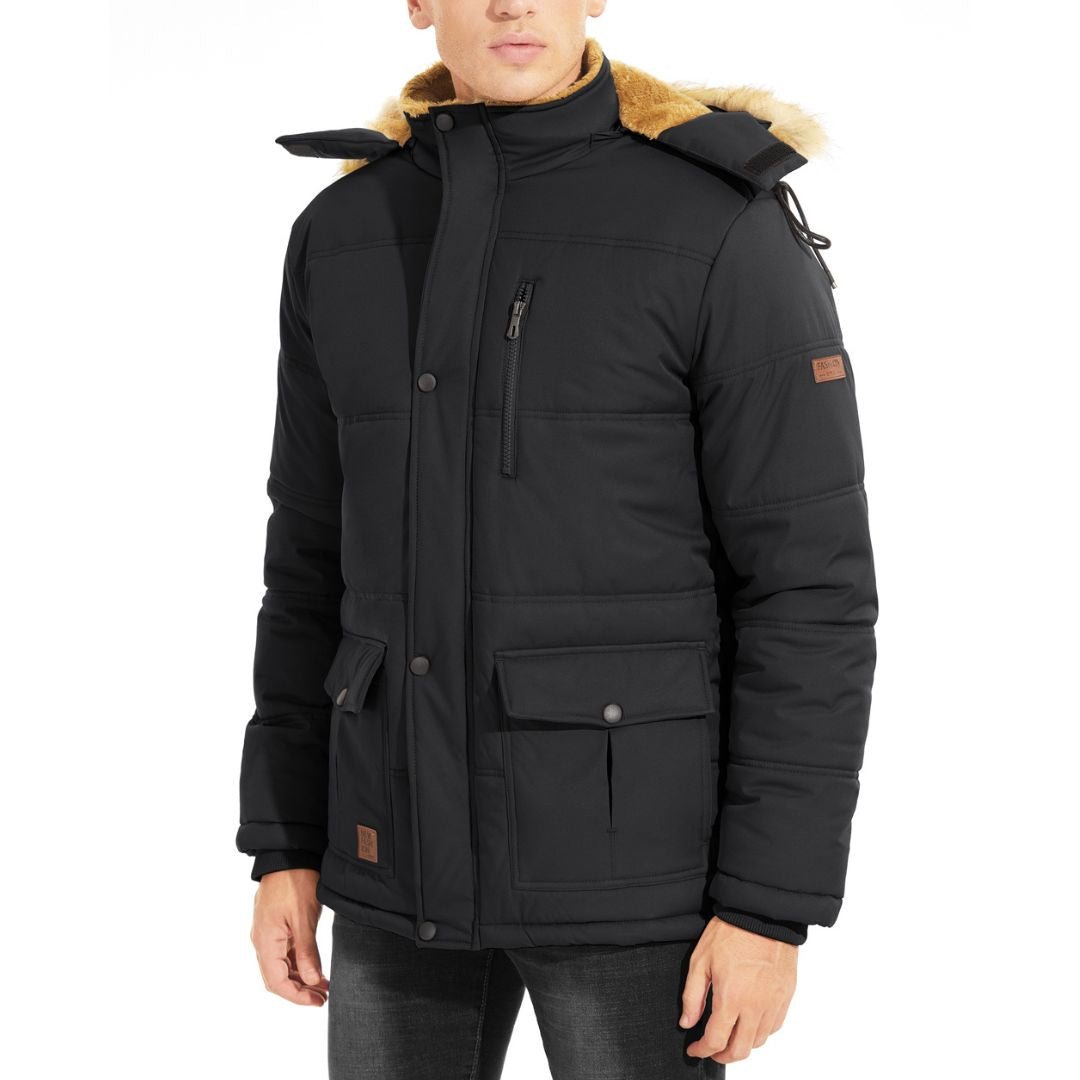 TACVASEN Black Men's Winter Jacket with Hood Water Repellent Windproof Coat