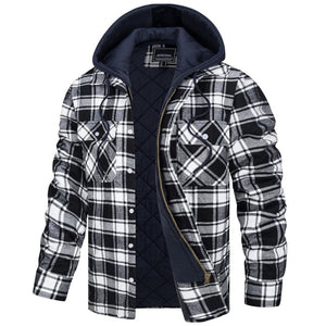 TACVASEN Black White Men's Quilted Plaid Flannel Detachable Hooded Jacket